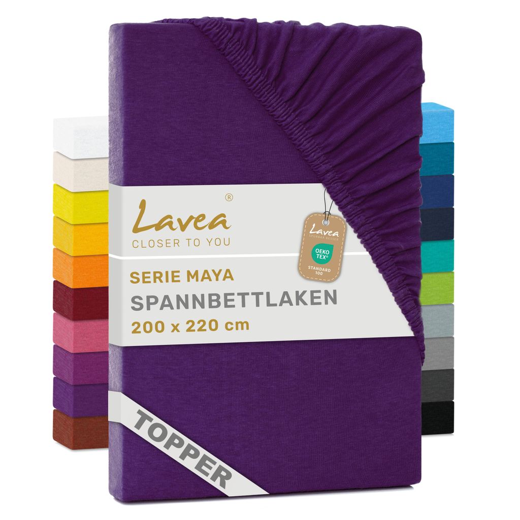 Lavea Topper Spannbettlaken 200x220 cm Maya Jersey, Bettlaken 100% Baumwolle, Bettbezug Matratzen bis 10 cm, Spannbettücher, Dunkellila