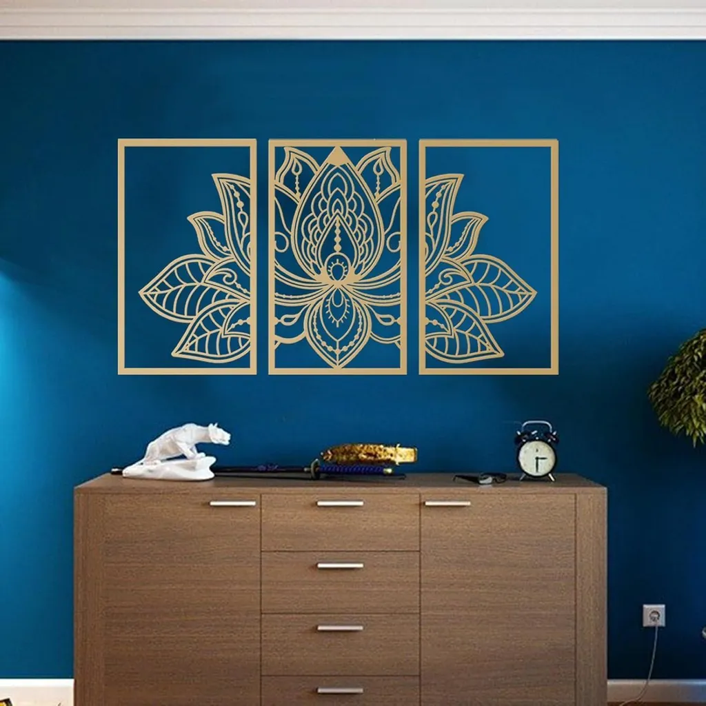 Grande fleur de lotus en métal décoration murale 3 pièces noir et or