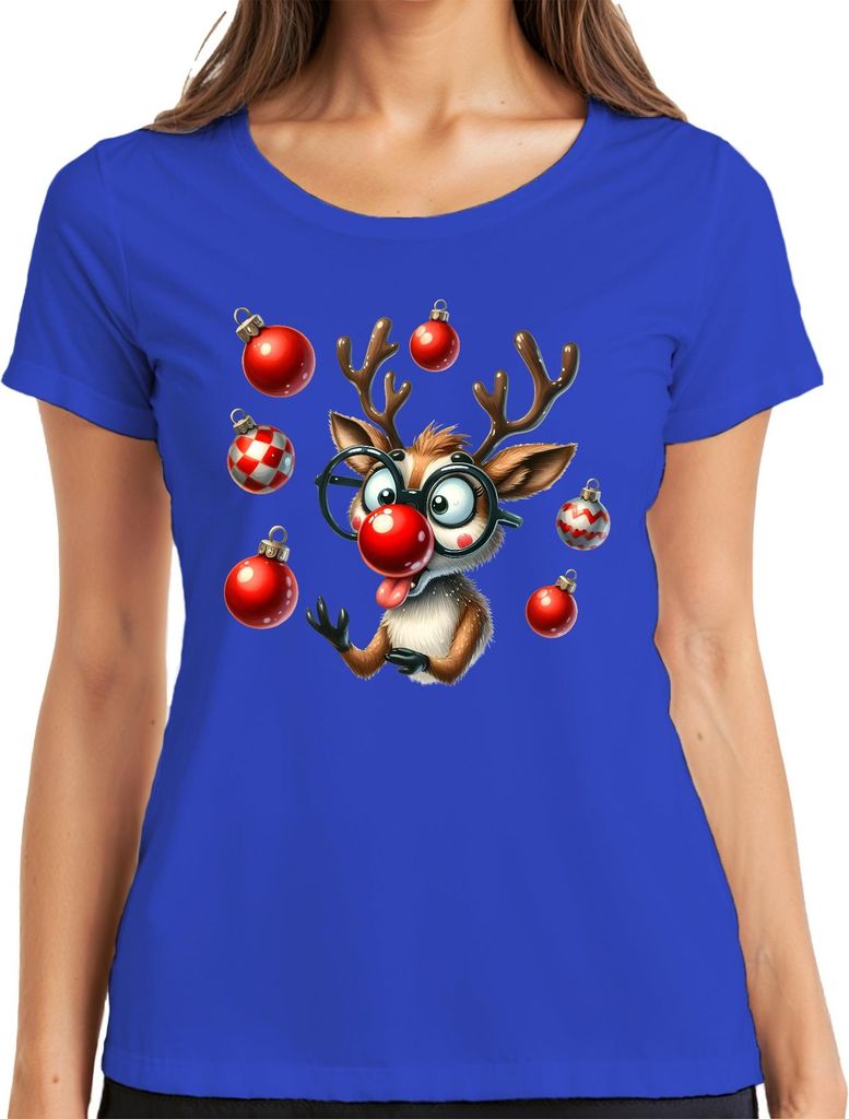 Rudolph Rentier rote Nase Brille Weihnachtskugeln lustig Geschenk Damen T-Shirt, Blau, 3XL