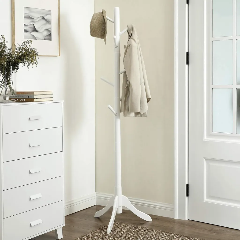 VASAGLE Porte-manteau Blanc en Bois avec 8 Crochets Réglables