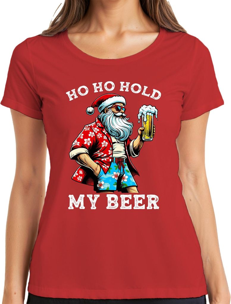 Ho Ho Hold My Beer Weihnachtsmann Spaß Hawaii Shirt Design Damen T-Shirt, Rot, S