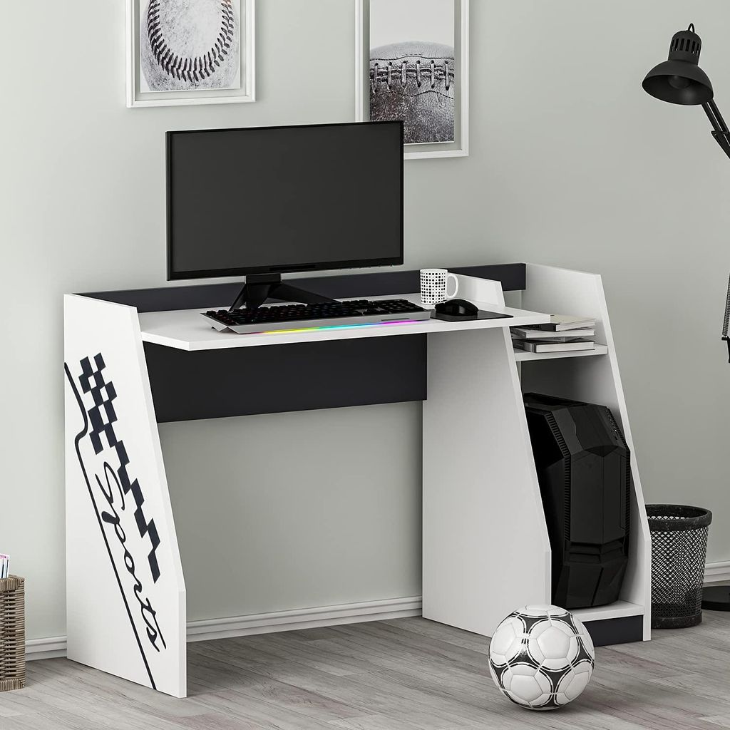 HOMIDEA Roby Schreibtisch Computertisch PC-Tisch mit Stauraum und PC-Turmfach für Kinder- und Jugendzimmer (Weiß/Anthrazit)