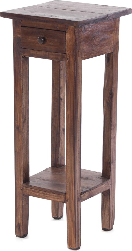 A wooden side table with a drawer and a lower shelf, shown against a white background.