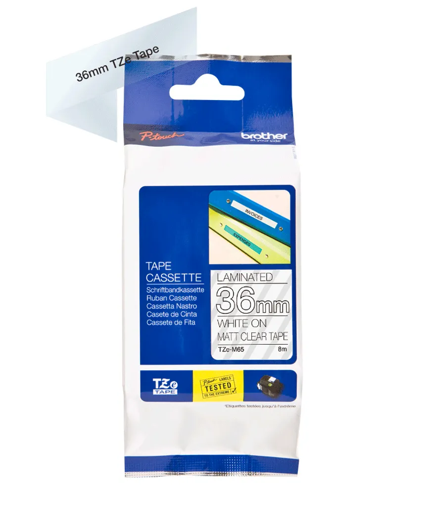 Cassette ruban laminé Brother TZe-M65 36mm blanc transparent mat 8m