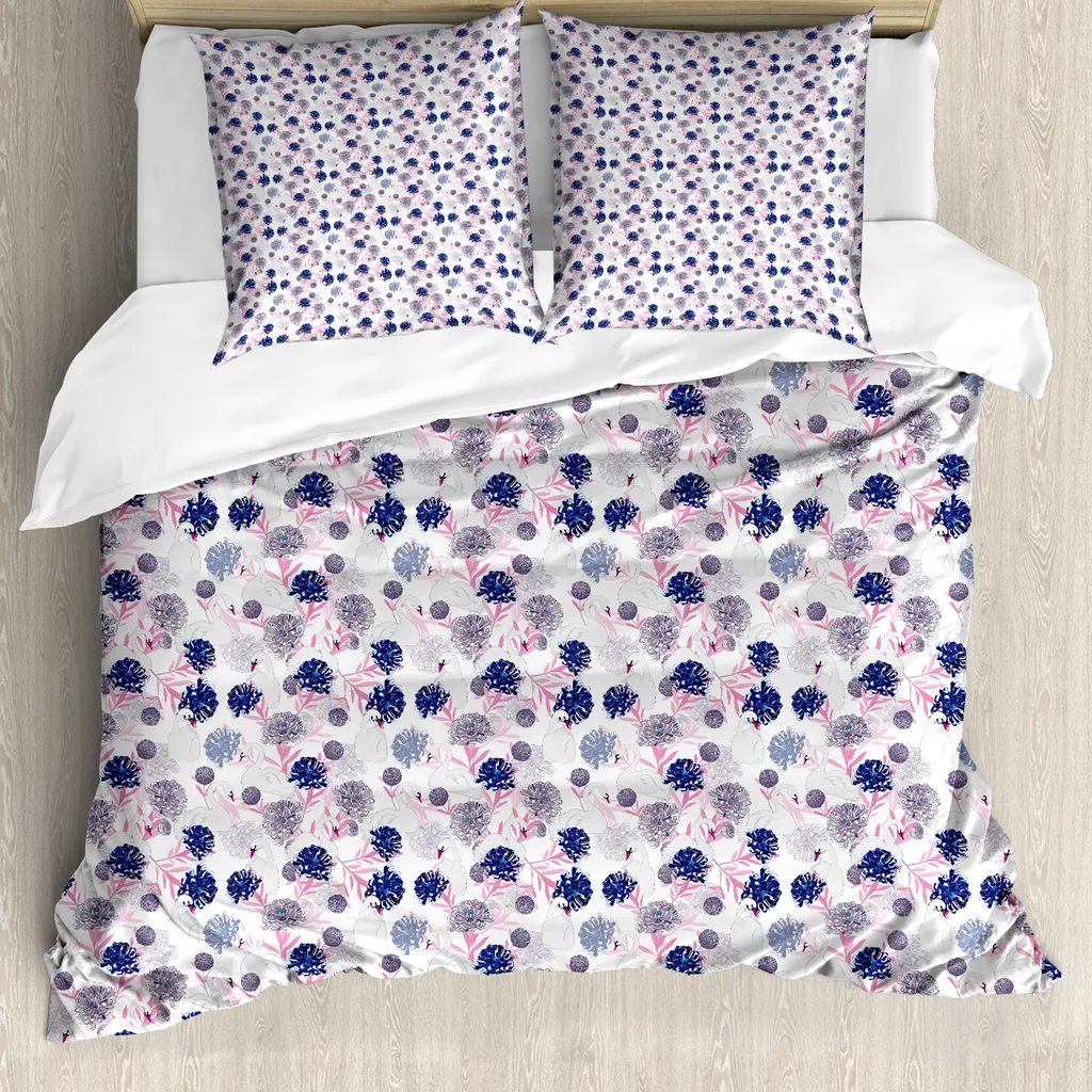 Parure de lit fleurs et cygnes, housse de couette 155x220cm et taie