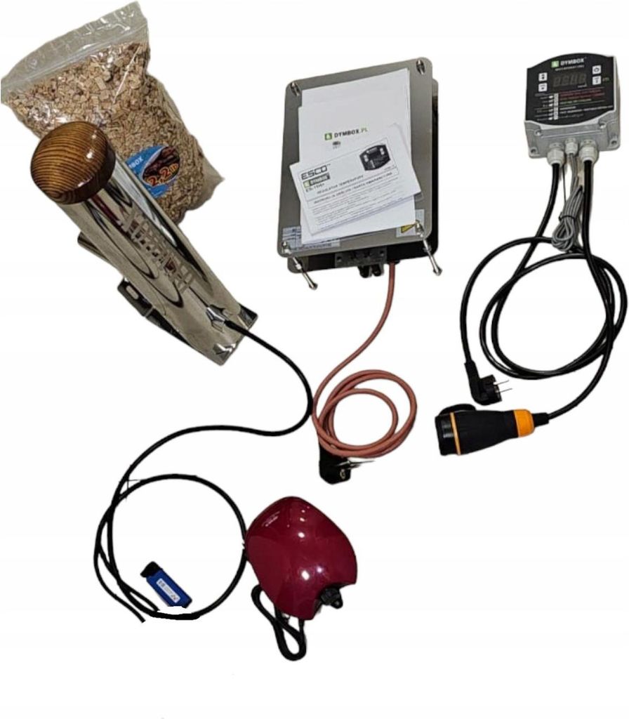 A collection of items for an electric smoking chamber, including a smoke generator, control unit, and wood chips.