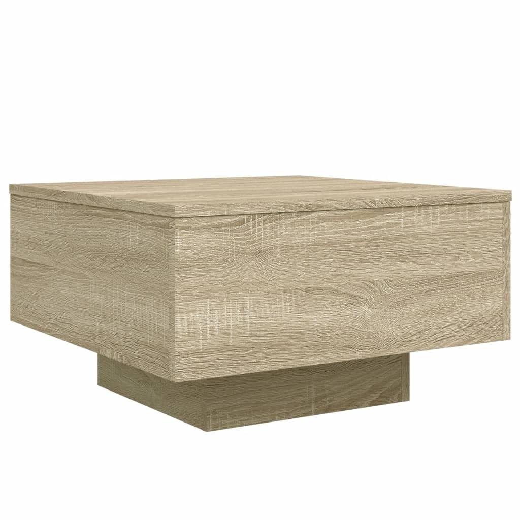 A square coffee table with a wood grain finish and a pedestal base, shown against a white background.