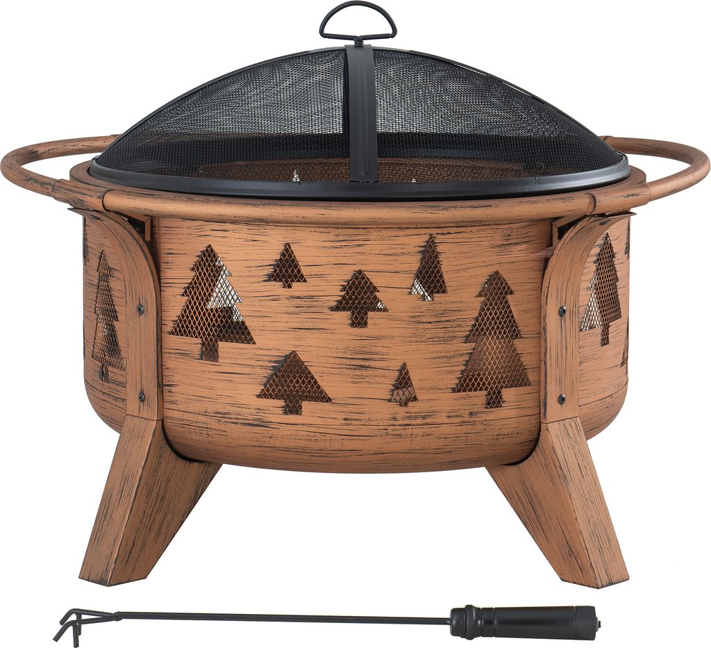 A copper-colored fire pit with tree cutouts and a black mesh screen lid, shown on a white background with a poker tool below.