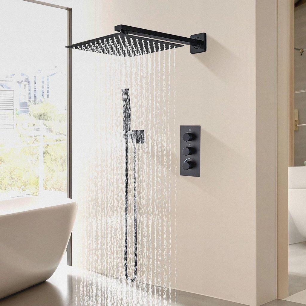 Duschsystem mit Thermostat Duschset, Dusche Komplett mit Regendusche(25cm×25cm), Hochdruck-Handbrause mit Schlauch und Halterung, Schwarzes Du...