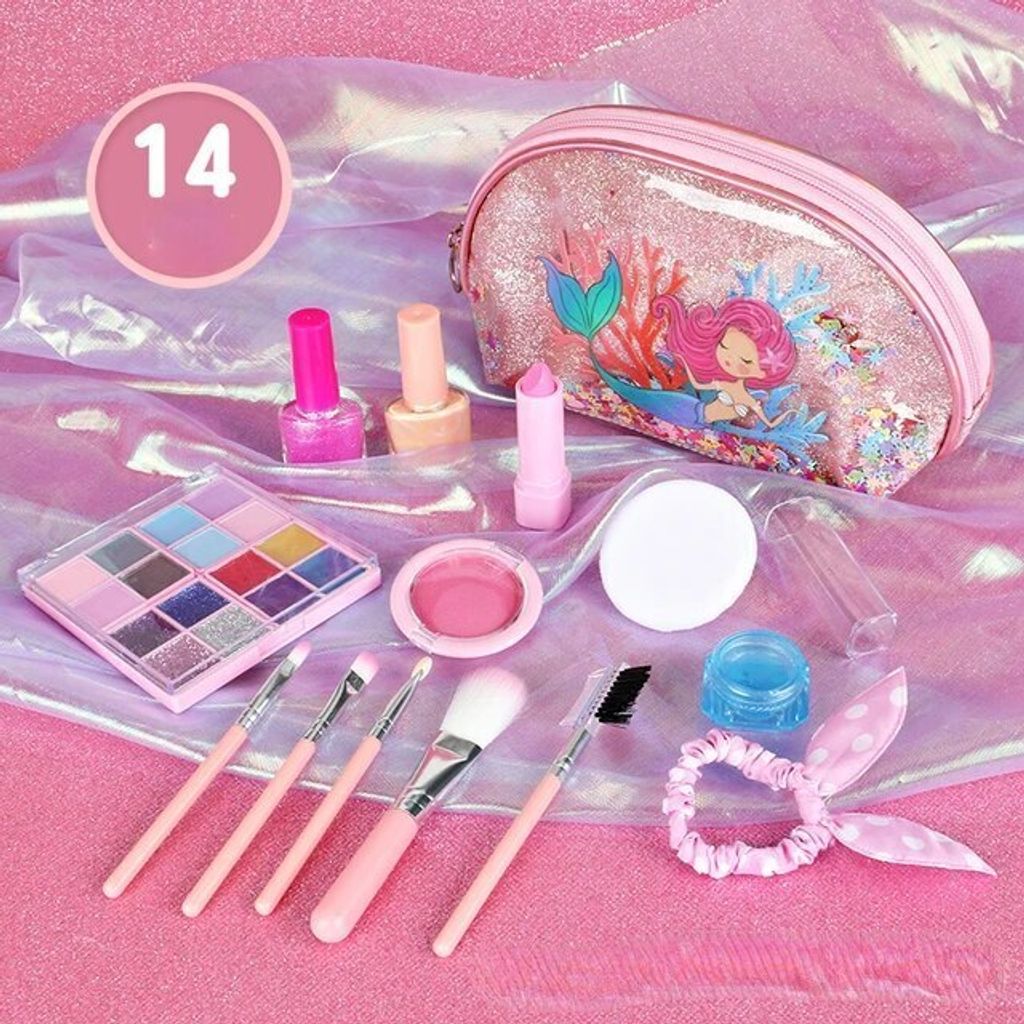Meerjungfrau Kinder Kosmetik Make-up Simulation Spielzeug, Prinzessin Mädchen Kosmetiktasche Set Lippenstift Lidschatten