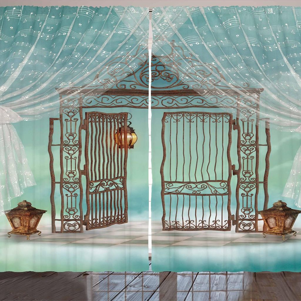 ARANDE Retro Gardine, Old Gate und Vorhang Zusammensetzung auf karierten Boden Digital Computer Graphics, 280 x 225 cm, Teal Brown White