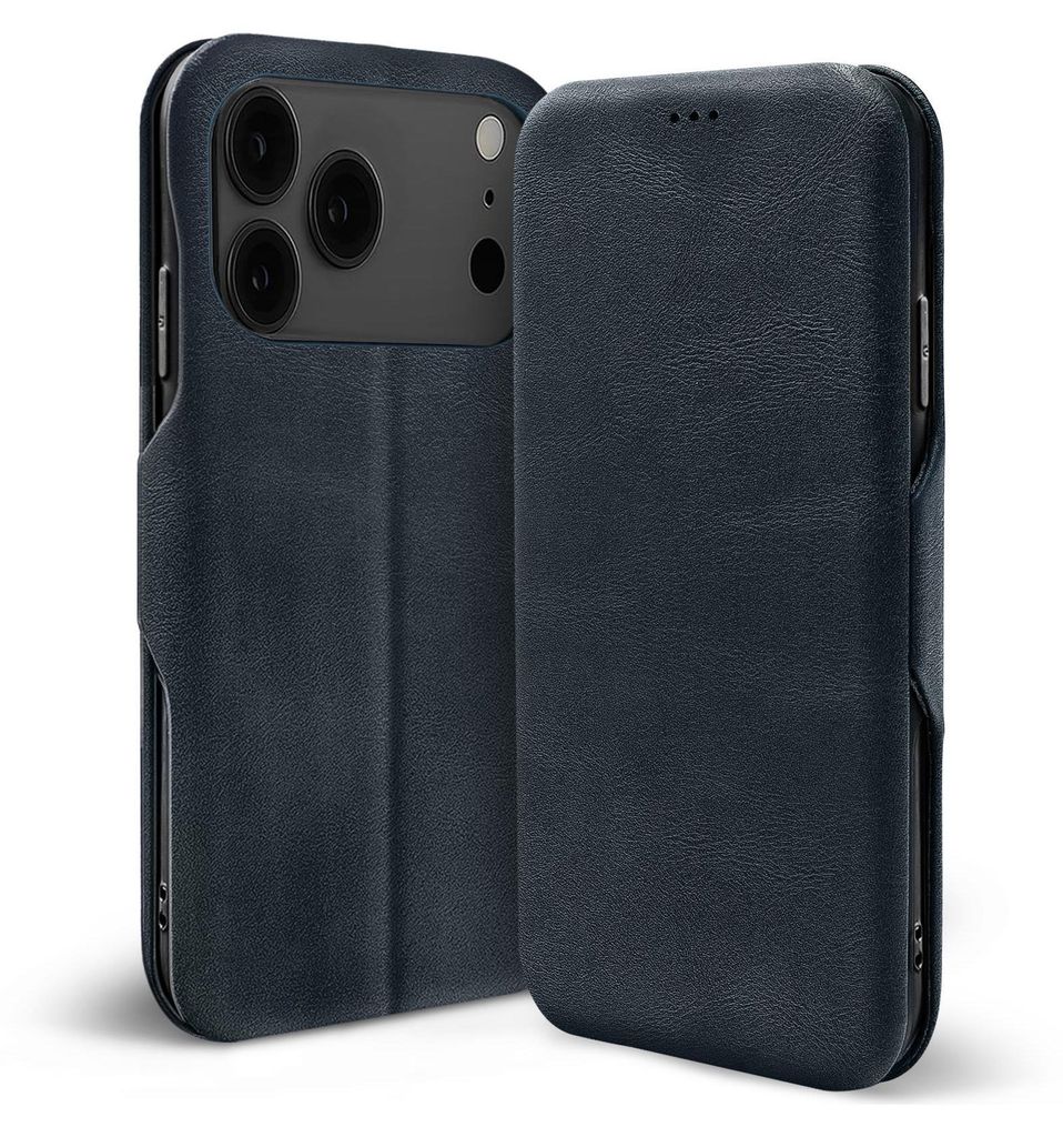 A dark blue leather flip case for an iPhone is shown from two angles against a white background.