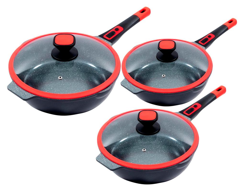Three frying pans with glass lids are arranged diagonally on a white background.