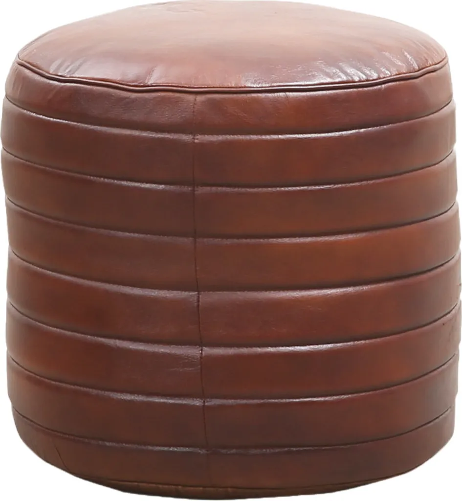 Pouf Janeiro en Cuir Véritable de Style Vintage et Forme Ronde Artisanale
