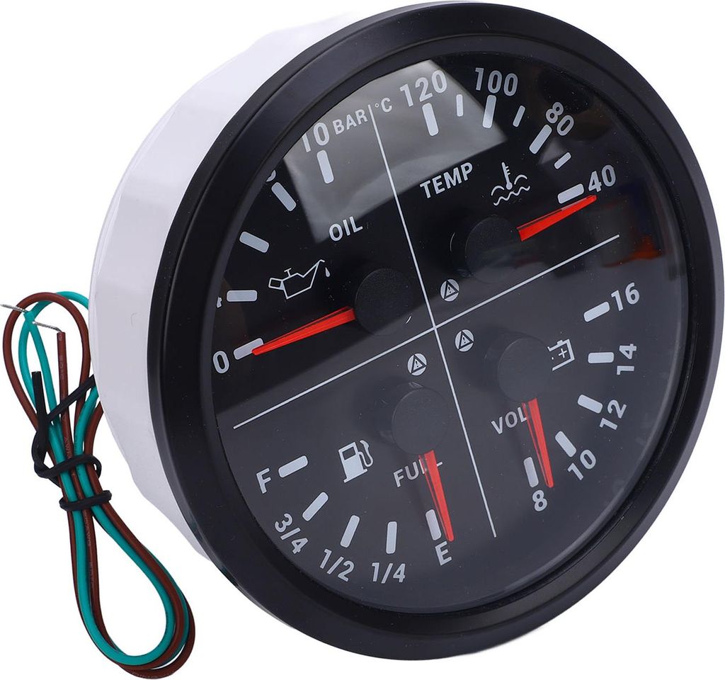 4-in-1-Kraftstoffstandsanzeige, Öldruck, Wassertemperatur, Voltmeter, 3/8 Zoll E 1/4 1/2 3/4 F, 0 bis 10 bar, 40 120 °C, 8 16 V, für Wohnmobil, ...