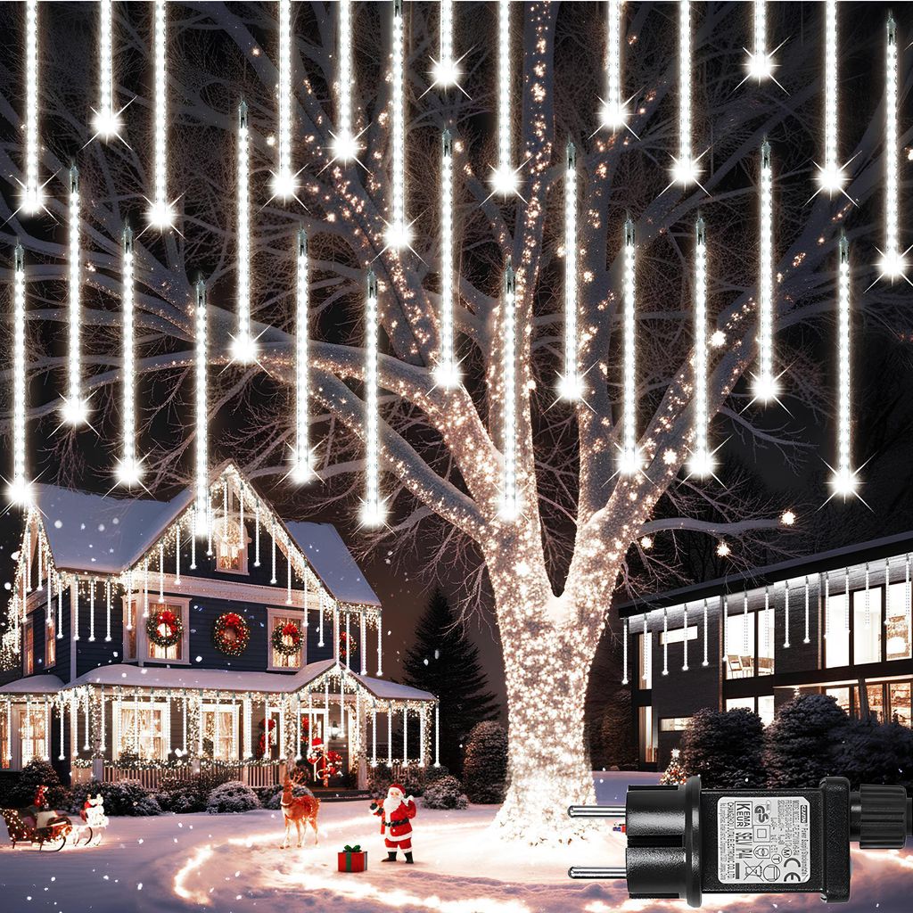 2.4M 192 LED Eiszapfen Lichterkette 30cm 8 Tubes Meteorschauer Lichter Weihnachtsbeleuchtung Weihnachten Party Hochzeit Dachkante Innen Deko Weiß