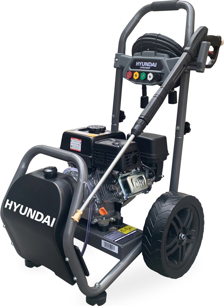A Hyundai pressure washer is shown against a white background.