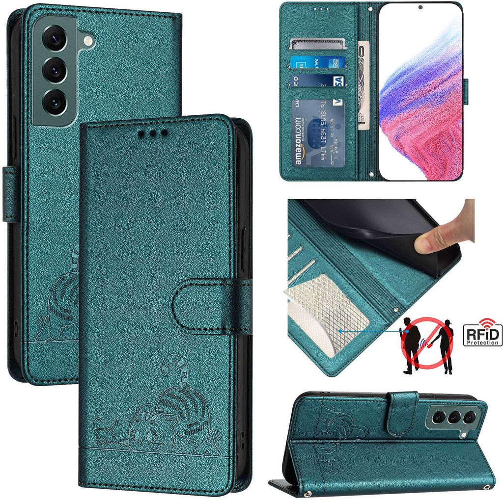 Leder Hülle für Samsung Galaxy S22+ 5G Süße Katze Flip Case Brieftasche Schutzhülle mit Standfunktion Grün