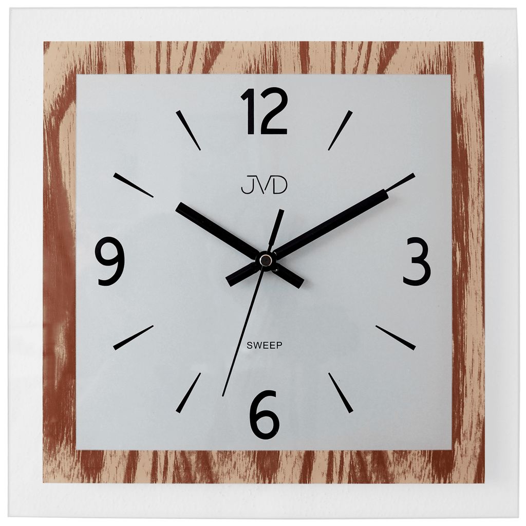 JVD NS19032.1 Wanduhr Quarz analog Glas und Holz-Optik ohne Ticken