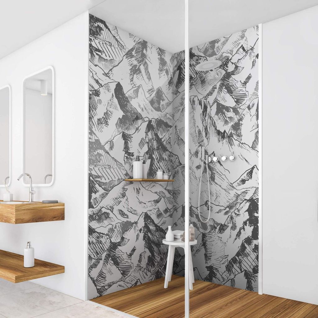 Duschrückwand Natur selbstklebend - 0.35 mm Wandpaneel wasserfest Berg schwarz weiss Illustration Badrückwand fugenlos Smart matt 90x190 cm
