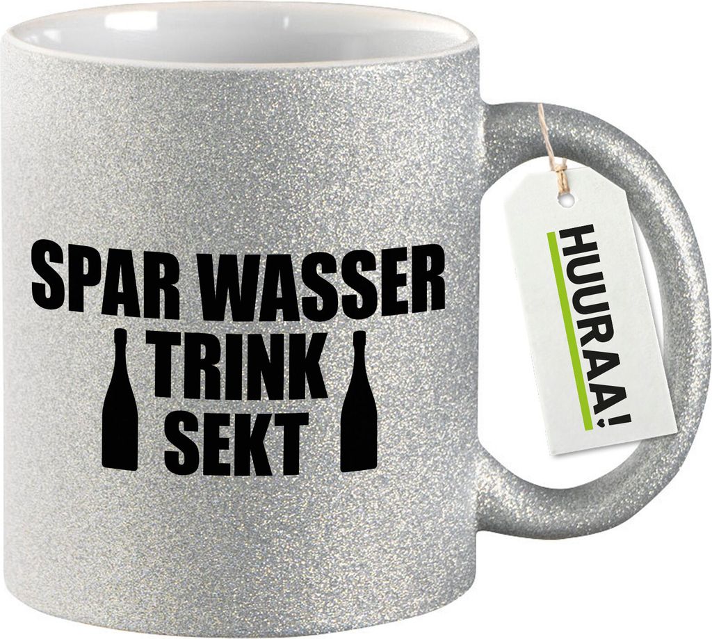 Huuraa Glitzertasse Spar Wasser Trink Sekt Sektflasche 330ml Silber Keramik Kaffeebecher Geschenkidee