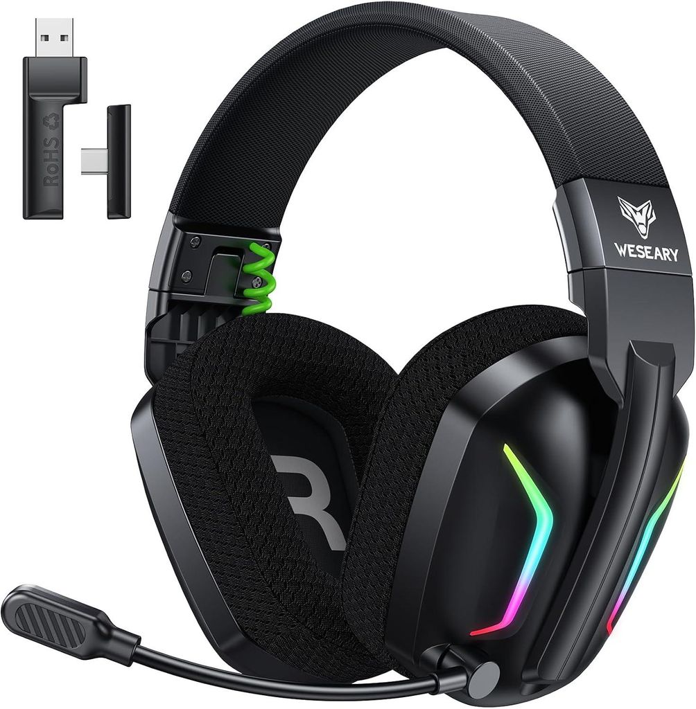 Gaming Headset für PS5, PS4, PC, Switch, Handy, Mac, Laptop, 2,4 GHz mit Noise Cancelling Mikrofon, 60H Akku, LED-Licht, Faltbar, Surround Sound