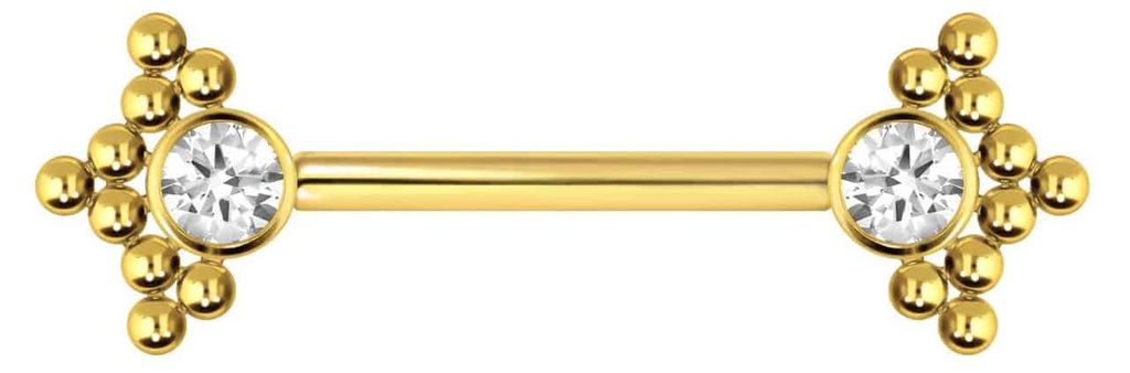 Zungenpiercing, Intim-Piercing Titan Barbell mit Push Fit KRISTALL + 3 KUGELDREIECKE Gold Stablänge: 14mm