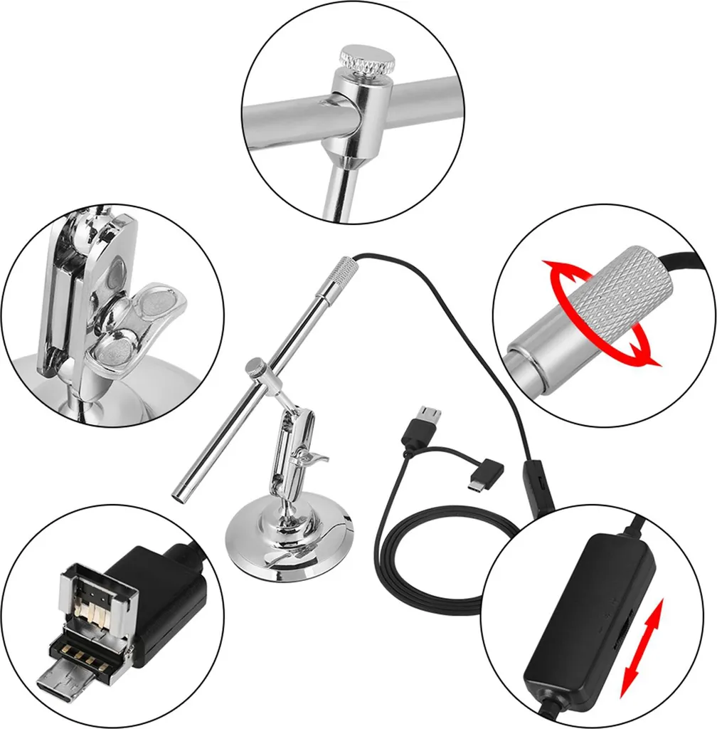 Microscope 200X Full HD 1080P à 8 LED Réglables, USB/Micro USB Noir