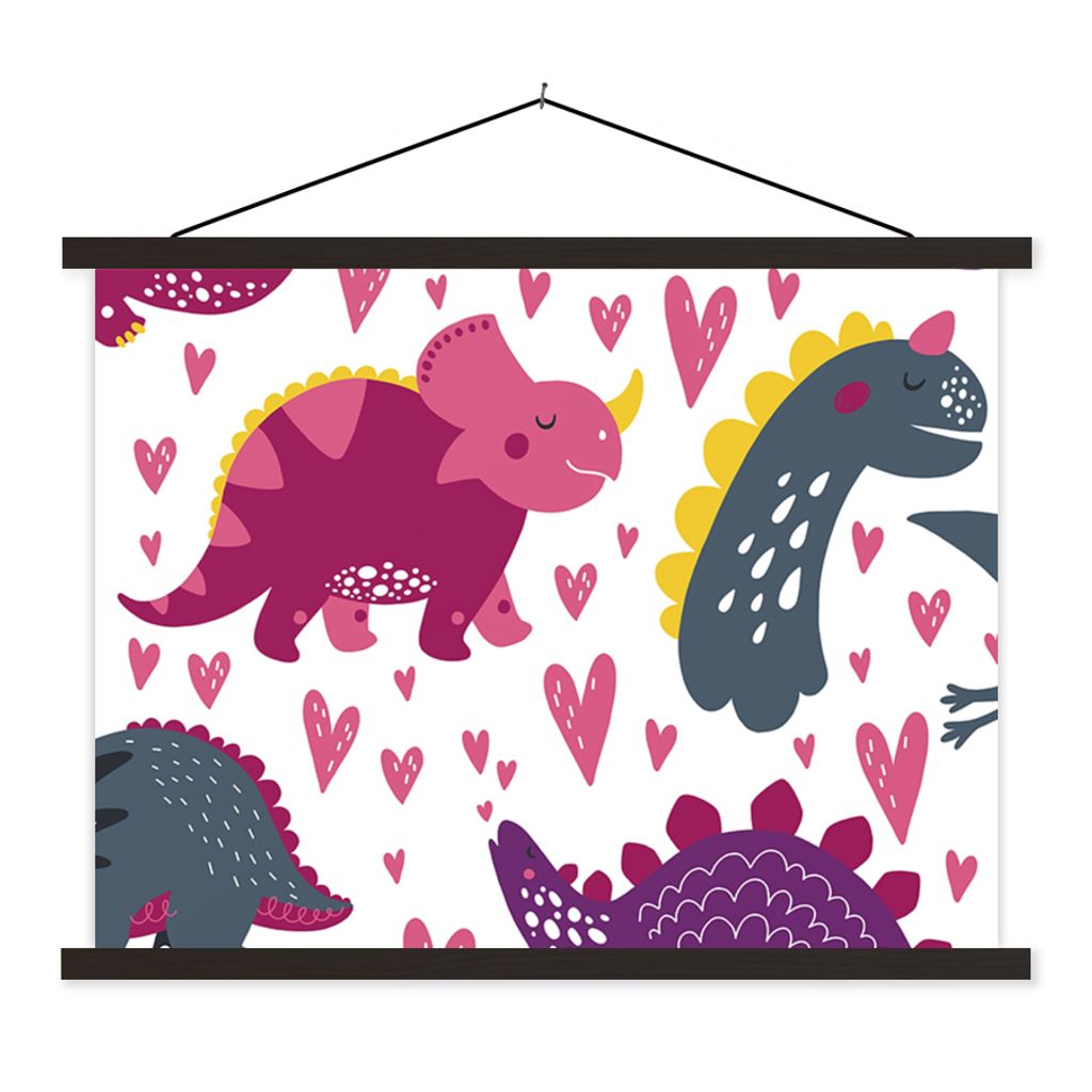 MuchoWow Textilposter Dino - Herz - Muster - Rosa - Mädchen - Dinosaurier 150x113 cm mit schwarzem Rahmen - Wohnzimmer