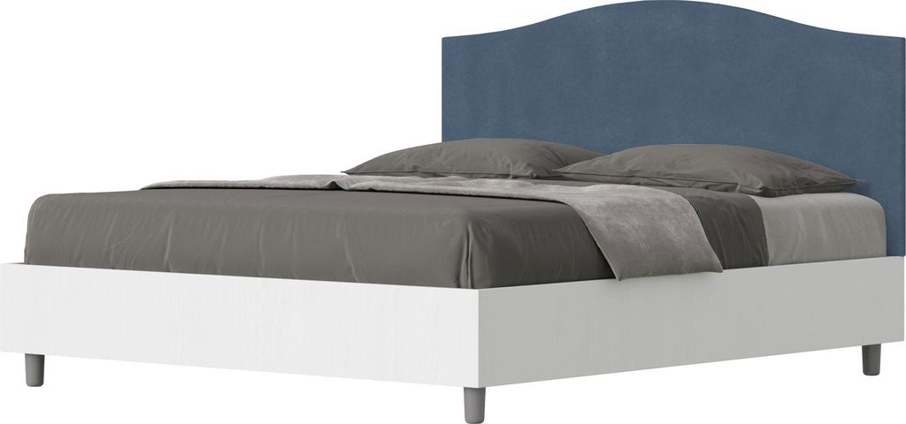 ITYHOME - Bett mit Lattenrost 160x190 Bettgestell Esche weiß Bett-Kopfteil mit Mikrofaserbezug Blau Grace
