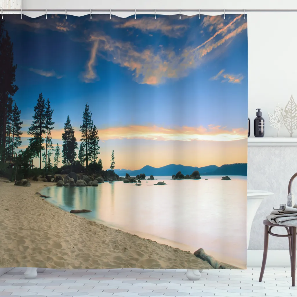 ABAKUHAUS Tenda da doccia paesaggistica, Peaceful Paradise Alberi, in tessuto, incl. 12 ganci, stampa digitale, colori resistenti, durevole, resistente ai batteri, 175 x 180 cm, blu crema