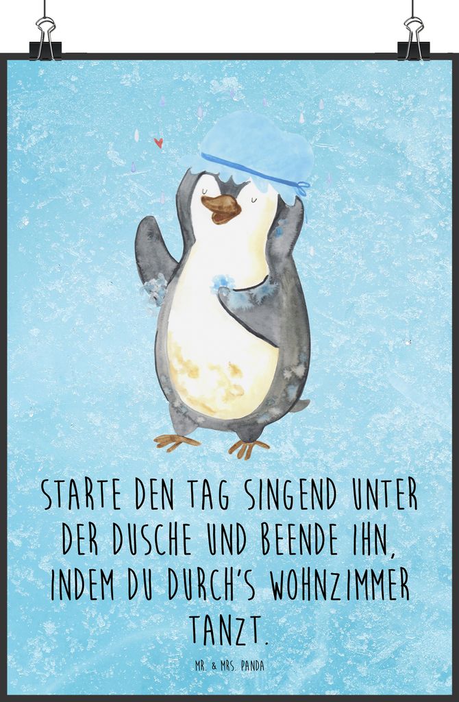 Mr. & Mrs. Panda Bild Pinguin Duschen DIN A1 - Eisblau - Geschenk, Baden, Singen, wandkunst, Motivation, Tanzen, Plakat, drucke, wanddeko, Duschkon...