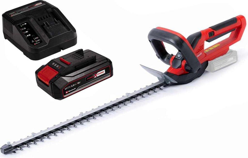A cordless hedge trimmer, battery, and charger are displayed on a white background.
