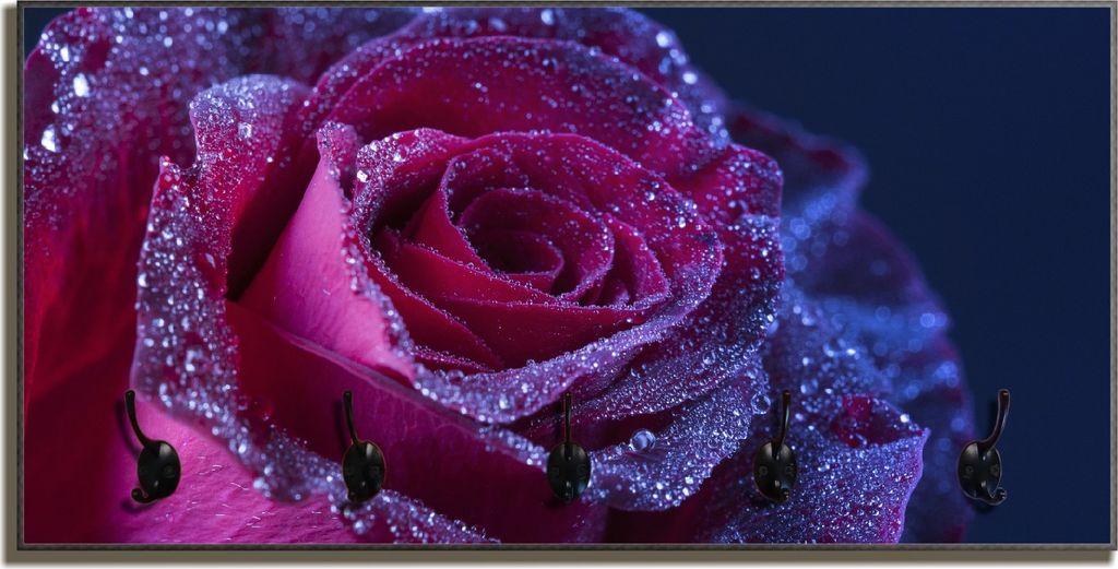 Wallario Flurgarderobe Wandgarderobe aus Holz, mit 5 Haken, Größe 80 x 40 cm, Motiv Rote Rosenblüte im Regen