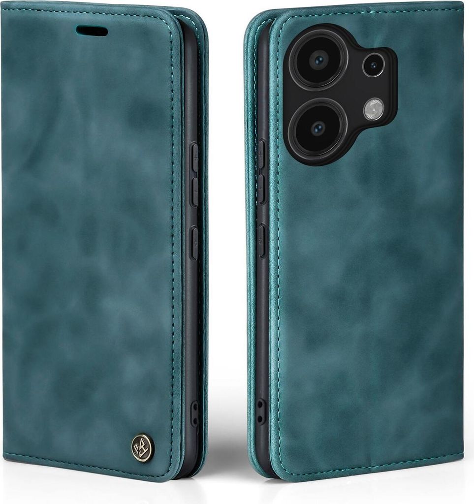 A teal flip cover phone case is shown from two angles.
