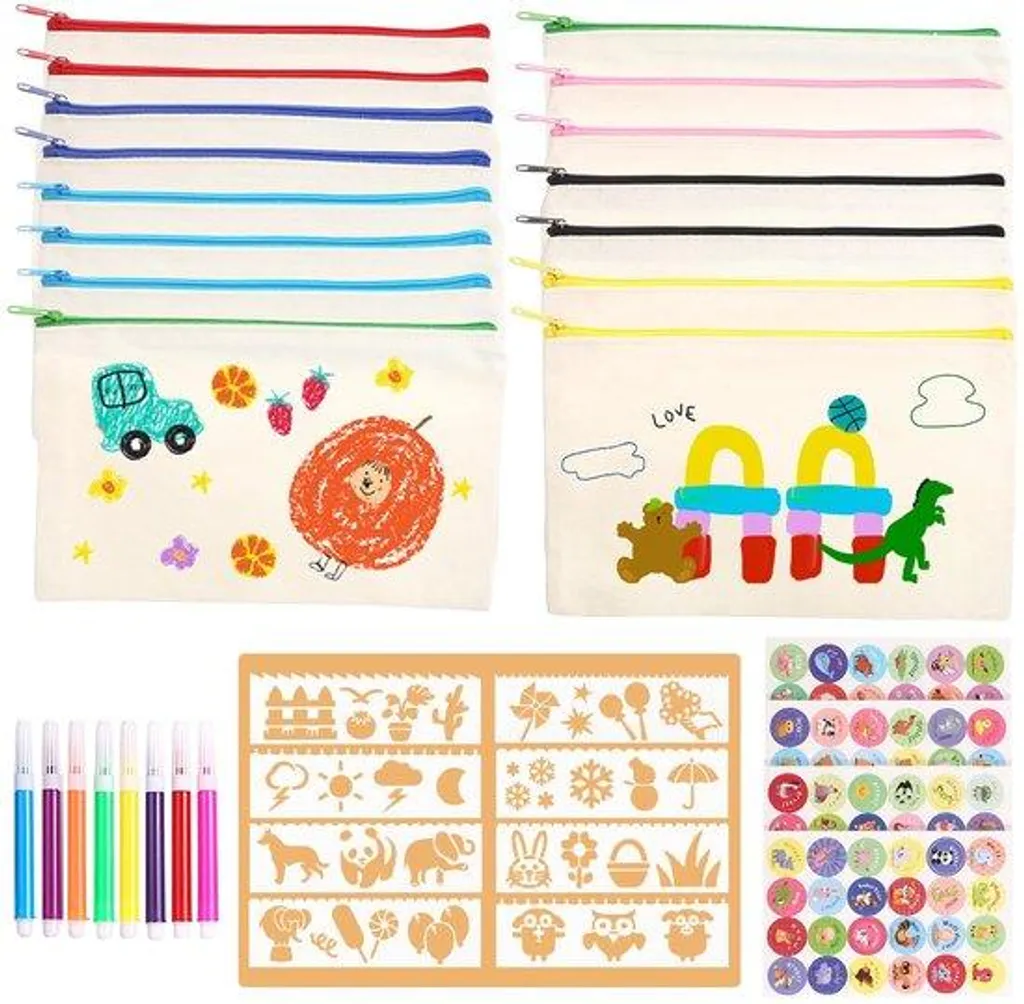Set de Dessin 15 Compartiments Blanc avec 8 Crayons et Autocollants