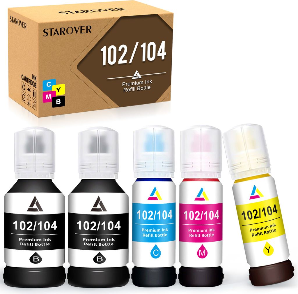 A box of ink cartridges and several bottles of ink refill.