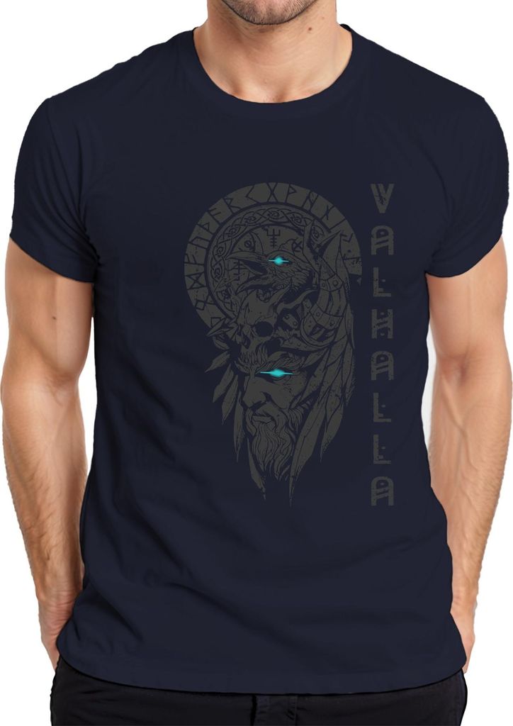 Valhalla Wikinger Helm Schädel Raben Runen Nordisch Gothic Odin Herren T-Shirt, Navy, S