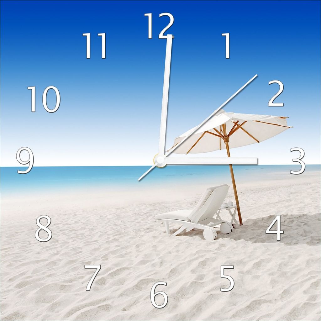 Wallario Design Wanduhr Sonnenliege am weißen Strand unter Produktbild 