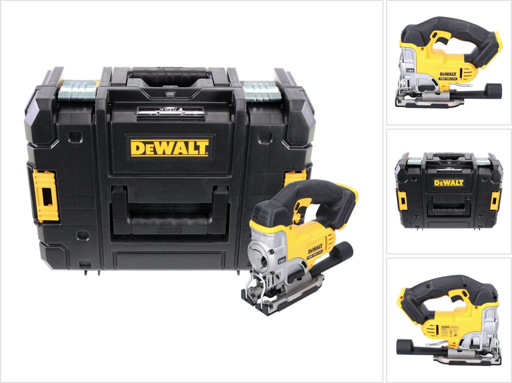 A collage of images showing a DeWalt jigsaw and its storage case.