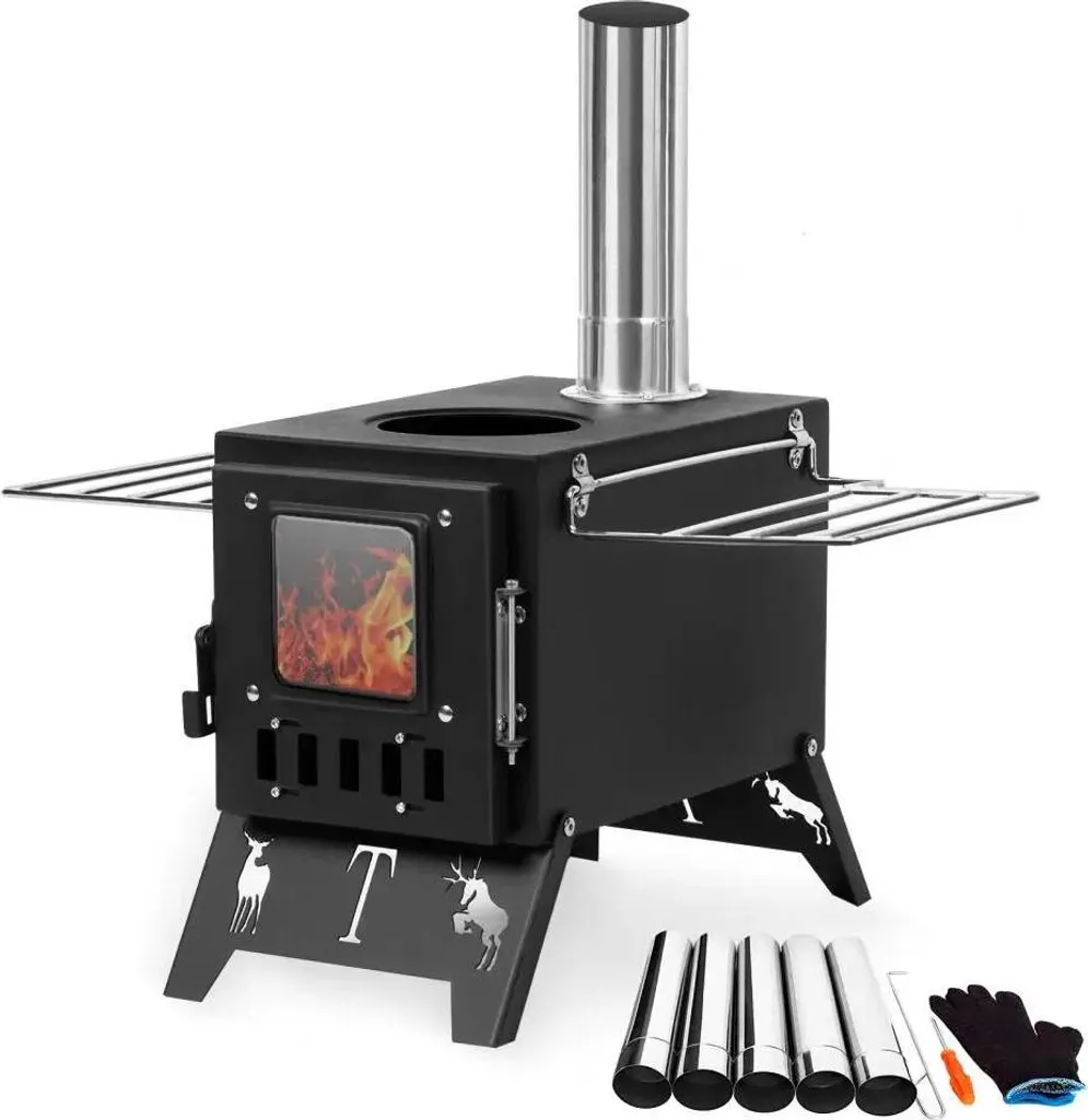 Poêle de tente en métal rouge pour camping - Chauffage au bois (3-5 pers)