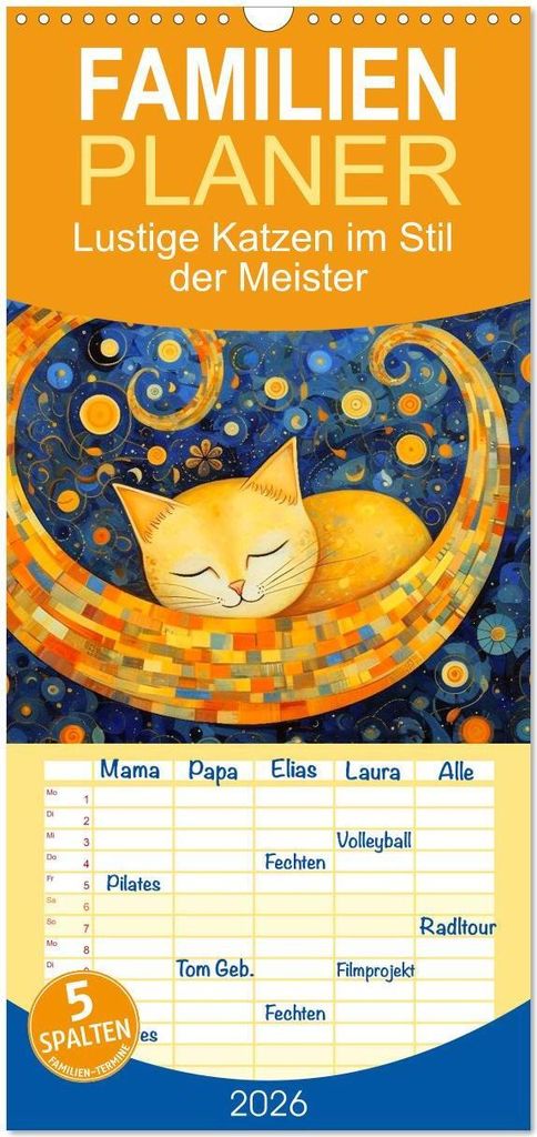 Familienplaner 2026 - Lustige Katzen im Stil der Meister mit 5 Spalten (Wandkalender, 21 x 45 cm) CALVENDO