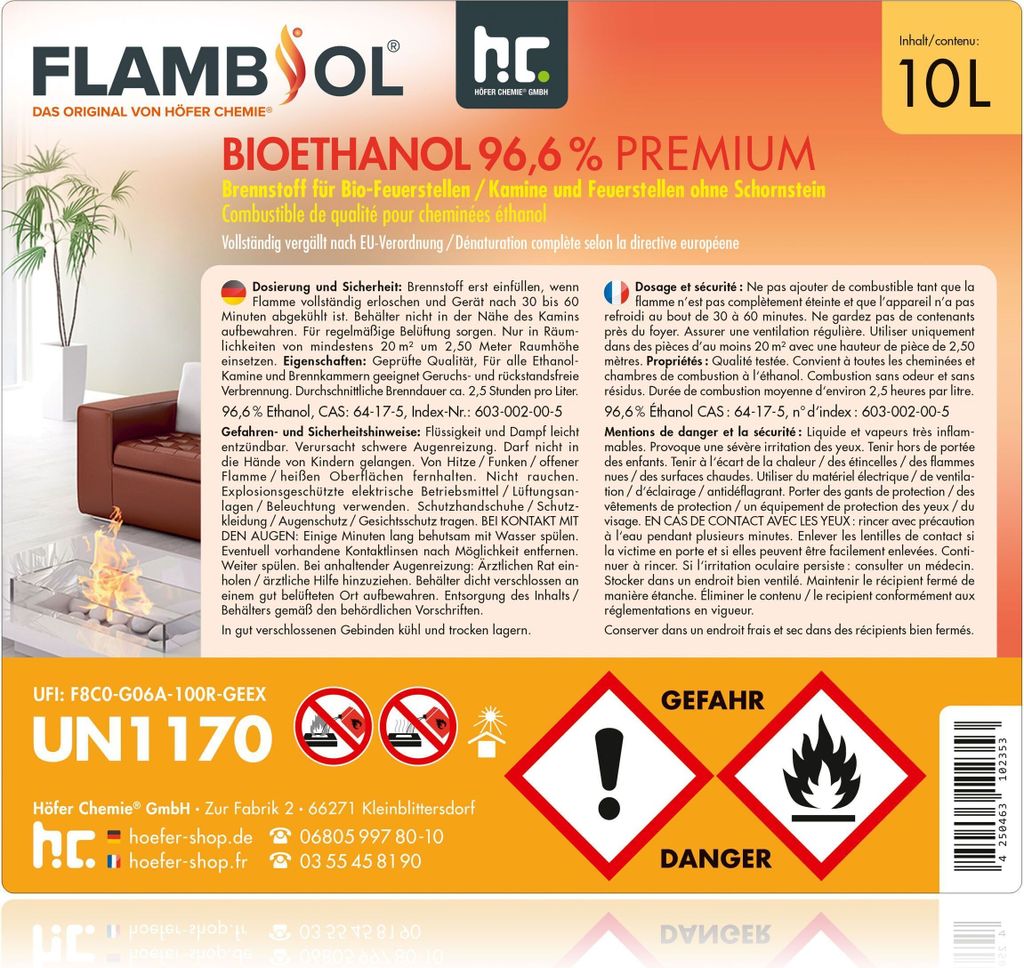 3x 10 L FLAMBIOL® Bioethanol 96,6% Premium für Ethanolkamin Produktbild 9