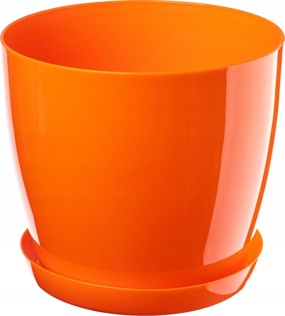 A product shot of an orange plastic plant pot with a saucer.