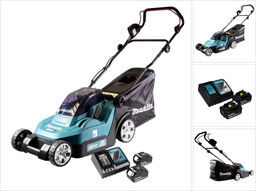 Makita DLM 432 RT2 Akku Rasenmäher 36 V ( 2x 18 V ) 43 cm Brushless + 2x Akku 5,0 Ah + Ladegerät