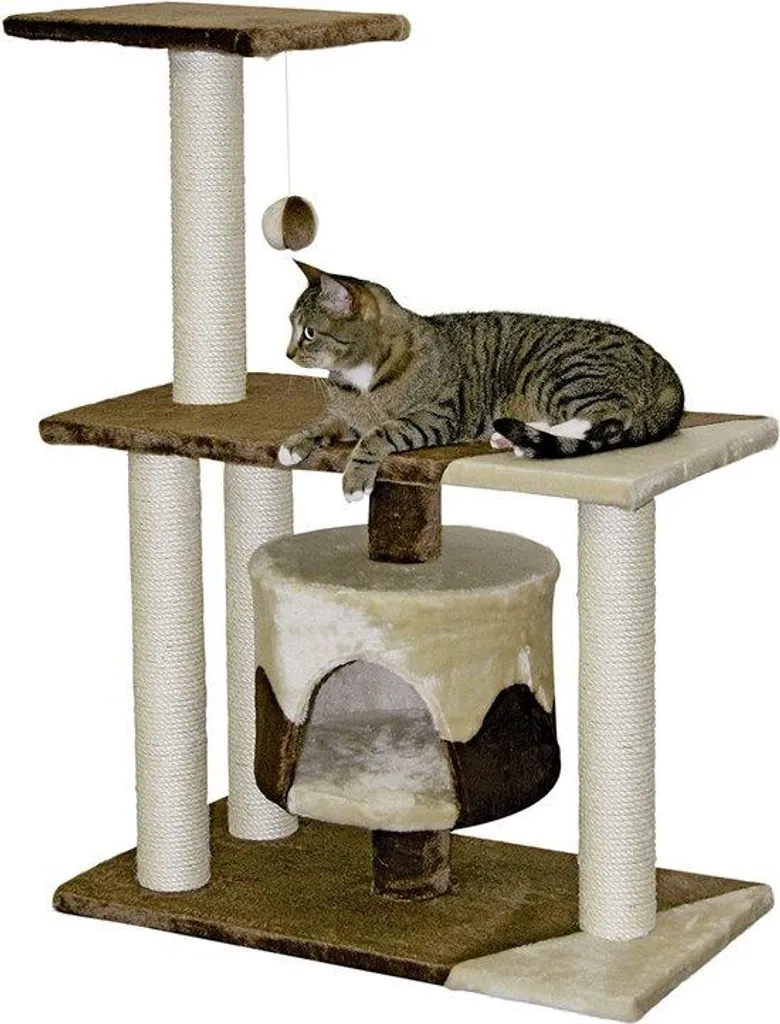 Arbre à chat en bois avec griffoir en sisal et niche de repos douillette