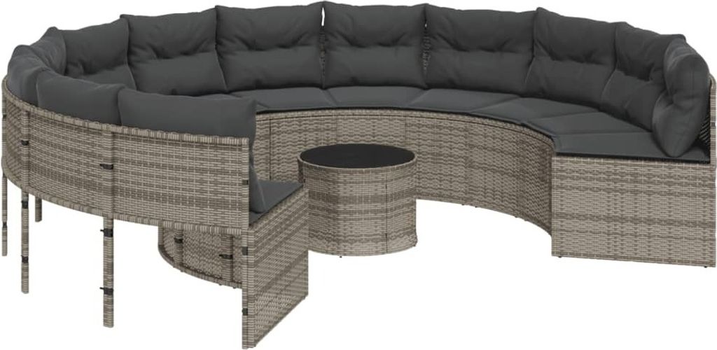 Gartensofa mit Tisch und Kissen Rund Grau Poly Rattan