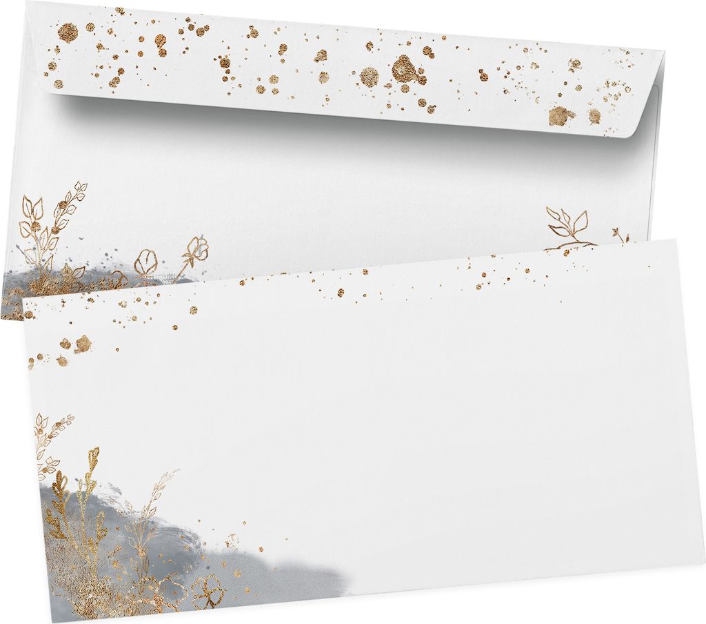 50 Briefumschläge DIN Lang | Goldlook Aquarell grau | selbstklebend ohne Fenster | Brief-Umschlag mit Design-Motiv bedruckt | 90 g/m²
