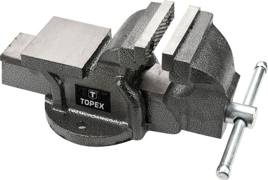 A gray metal vise with a silver handle is shown against a white background.