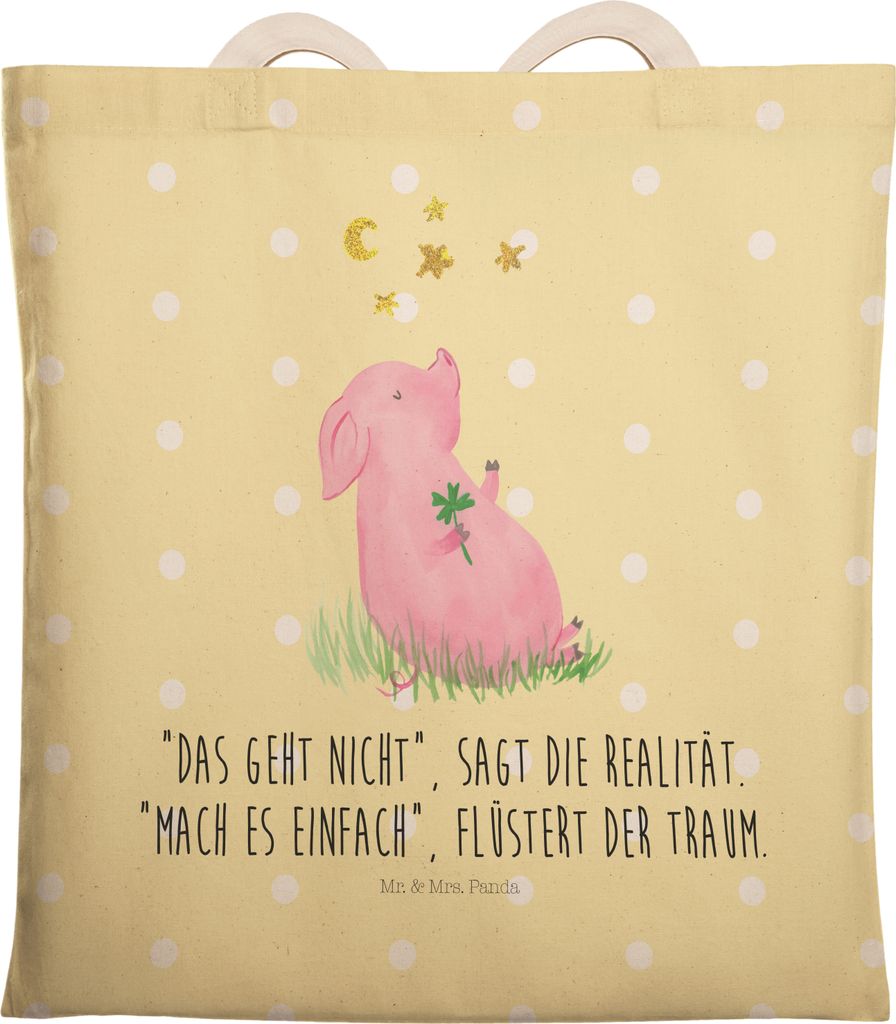 Mr. & Mrs. Panda Einkaufstasche Schwein Glück - Gelb Pastell - Geschenk, Glücksbringer, Träume, Lustige Sprüche, Schweinchen, Tasche, Tote Bag,...